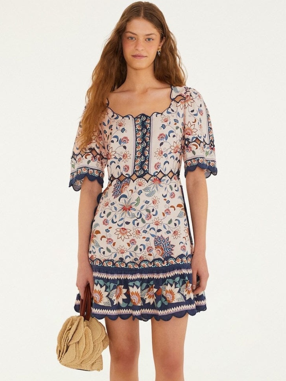 NWT Farm Rio Pink Floral Delhi Tapestry Scallop Cut-Out Mini Dress Cream Small